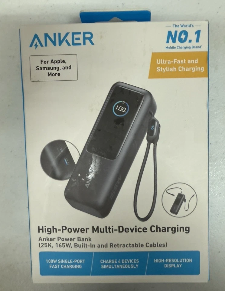 Anker 25000mAh Power Bank Triple 100W USB-C Ports Built-in Cables A1695H11 -