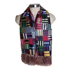 Brooks Brothers scarf patchwork silk tie patterns wool backed fringe 56x12 - Picture 1 of 7