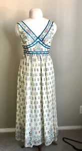 Anna Sui Cream Silk Maxi Dress Blue Trims Sz 4 - Picture 1 of 5