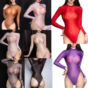 Frauen Leotard Seidig Pullover Teddy Bodysuit Dehnbar Transparent Hoher Schnitt - Picture 1 of 53