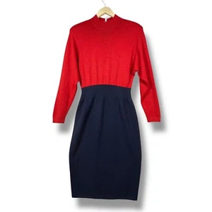 St John Santana Knit Dress Red Navy Blue Long Sleeve Sheath Career Dress Size 10 - Picture 1 of 9