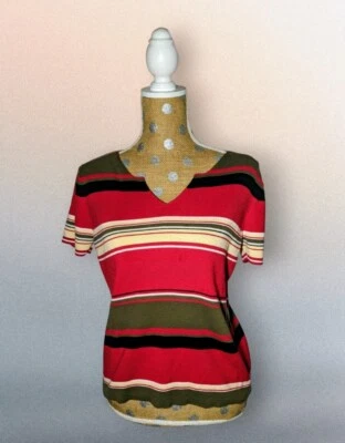 CRAZY HORSE Red Striped Knit Short Sleeve Sweater Size Medium V Neck Women's  - Image 1 of 4
