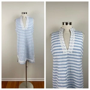 Eliza J Blue White Linen Blend Stripe Dress White Eyelet Women Size 12 Preppy - Picture 1 of 8