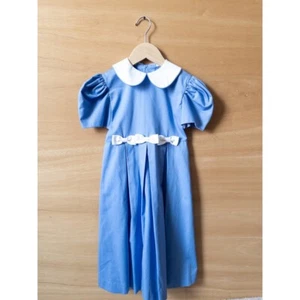 Blue vintage Dress White Collar Bow Pleated Puff Sleeve - Picture 1 of 4