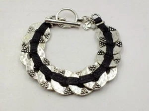 Lucky Brand silver Tone Coin Beads Black Leather OT Toggle Bracelet GIFT - Picture 1 of 3