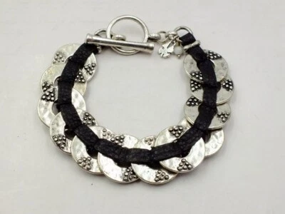 Pulsera Lucky Brand Tono Plata Monedas Cuentas Cuero Negro OT Palanca REGALO Foto 1 de 3