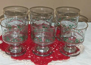 Arbys Holly & Berry Glass Dessert Sherbet Cup Vtg Gold Rim 8 oz Set of 6 Glasses - Picture 1 of 24