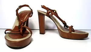 Vintage Sergio Rossi Platform Sandals Size 37.5 Women Brown Leather Strappy Heel - Picture 1 of 5