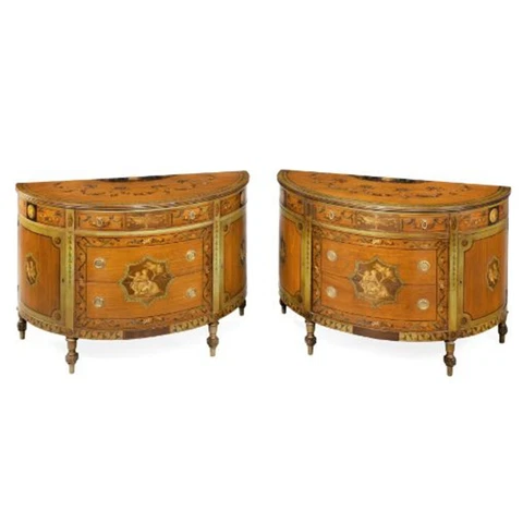 Pair of Decorated Satinwood Demi-Lune Commodes Cover