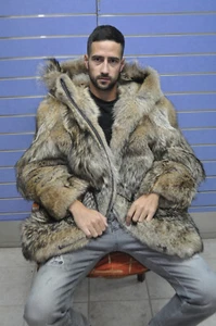 Luxury Full Skin Coyote Fur Mens Coat Real Fur Coyote With Hood - Picture 1 of 11