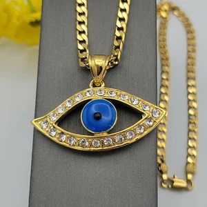 24K Gold Plated Blue Evil Eye Crystal Pendant Necklace. Amulet. Oro Laminado - Picture 1 of 4