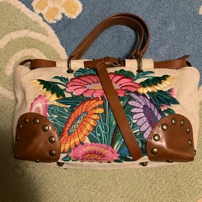 Bolso de Mano ISABELLA FIORE Crema Cartera Floral Bordado Lona Cuero Bandolera Foto 1 de 4