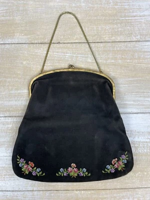 Bolso de Noche Vintage Negro Gamuza Pequeño Punto Bordado Flores Interior Monedero Foto 1 de 4