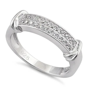 925 Sterling Silver Clear Cubic Zirconia Double Row Ladies Eternity Dress Ring - Picture 1 of 9