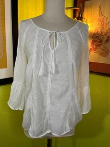 Blusa Campesina Blanca Spense M Boho Hombro Abierto Corbata Cerradura Cuello Manga Trompeta - Imagen 1 de 6