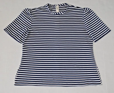 Vintage Shirt Size S/M 60s Navy Blue White Stripe Poly Pleated Sleeve Back Zip - Image 1 of 4