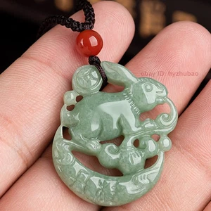 Certified Natural Green A Jade jadeite Carved Moon Rabbit Lucky Pendant Necklace - Picture 1 of 8