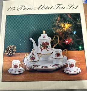 Miniature Christmas Tea Set~Red Bows,Pine Cones & Bells~Noble Excellence~Holiday - Picture 1 of 11