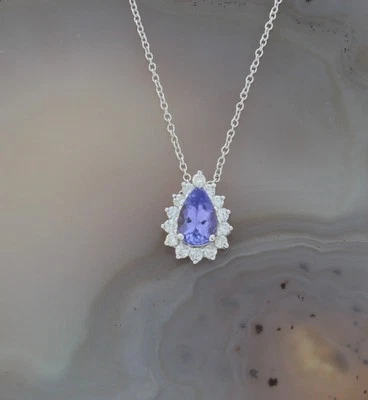 Sale! Wert 840 € Brillant Tansanit Anhänger mit Kette in 750 18 Karat Weiß Gold - Bild 1 von 4