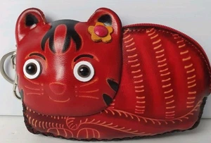 Handstitched Leather Cat Coin Purse Red Hard Shell 13.5 x 8.5cm Vgc - Picture 1 of 10