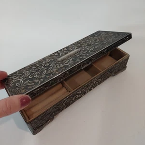 Godinger Vintage versilberte Schmuckschatulle Klappdeckel Spiegel hellbraun Stoff innen 9"×4" - Bild 1 von 17