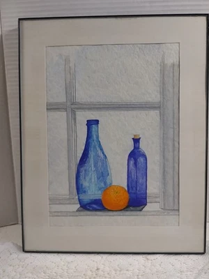 Botellas de vidrio azul vintage y dibujo enmarcado naranja firmado y fechado 1994 Foto 1 de 4