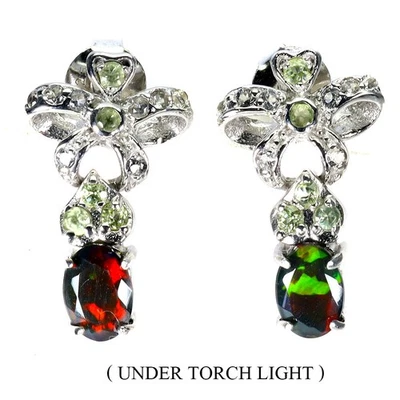 925 Sterling Silber Ohrringe Oval Schwarz Opal 7x5mm Peridot Edelstein Schmuck - Bild 1 von 4