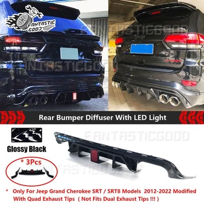 For Jeep Grand Cherokee SRT 12-22 Black V2 Shark Fin Rear Bumper Diffuser W/ LED - Image 1 of 4