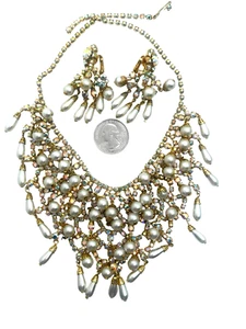 Vintage Vendome Attr. Faux Pearl & Iridescent Rhinestone Bib Necklace & Earrings - Picture 1 of 4