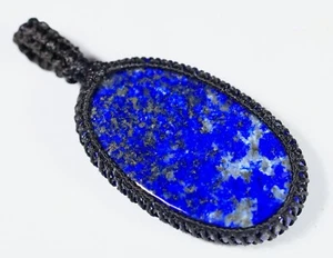 58 CT MACRAME OVAL PENDANT 100% NATURAL LAPIS LAZULI GEMSTONE AA-382 - Picture 1 of 6