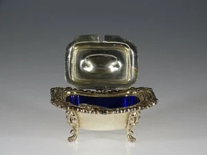 Vintage Silver on Copper Rectangular Mustard Pot Lions Feet Cobalt Insert - Picture 1 of 4