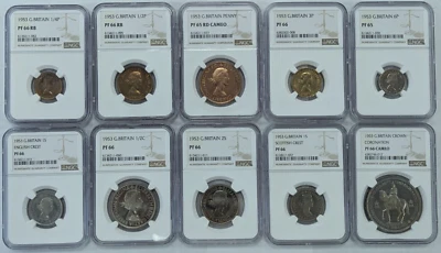 1953 NGC GB Coronation 10-Coin Proof Set Crown to Farthing NGC (PF65 -PF66CAM) - Image 1 of 4