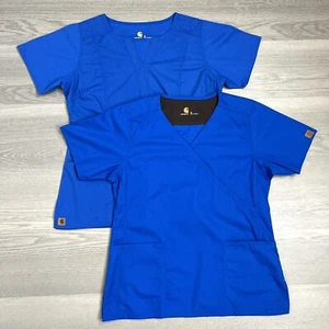 Carhartt Women Blue Top Scrubs Pockets Short Sleeve Shirt Size M Lot of 2 - Picture 1 of 9