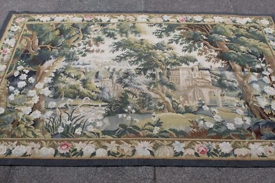 Vintage Hand Made French Design Original Wool Green Aubusson Tapestry 178X122cm - Image 1 of 4