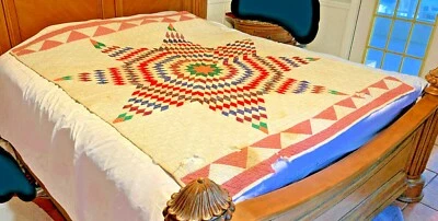 ANTIGUA COLCHA PATCHWORK ESTRELLA GRANDE 74" X 68" MANTA CASERA ACOLCHADA A MANO Foto 1 de 4