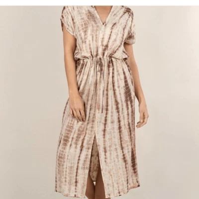 Vestido Lovestitch Tie Dye Metálico Midi S Marrón Beige Boho Cuello en V Costa Playa Foto 1 de 4