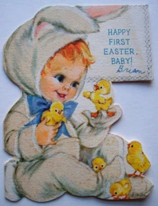 Baby im Hasenanzug mit Babyküken Vintage Ostern Grußkarte *SS25 - Bild 1 von 3