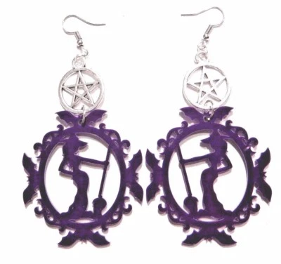 PENDIENTES SILUETA BRUJA Acrílico Gótico Halloween Wicca Pentagrama G2 Foto 1 de 3
