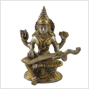 Sarasvati Göttin der Weisheit Messing versilbert 12cm 700g Durga Shakti Lakshmi - Bild 1 von 1