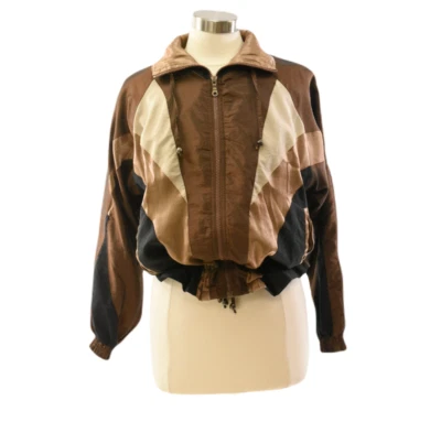 Chaqueta cortavientos Peplum marrón a rayas años 90 chaquetas brillantes para mujer talla S Foto 1 de 4