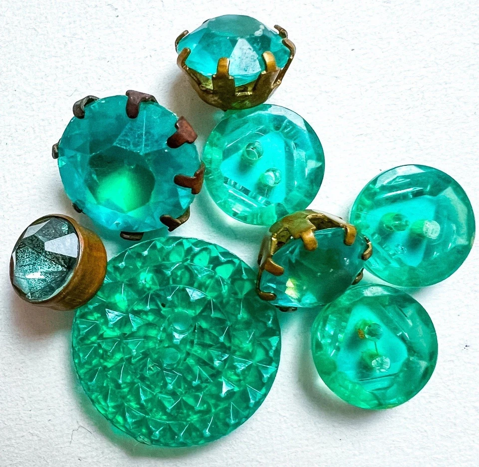 Antique Glass Button Lot Czech Art Deco Vintage Faceted Hobnail Metal Aquamarine - Image 1 of 4