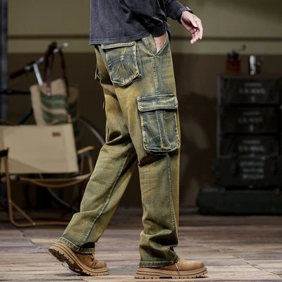 2025 Outdoor Multi Pocket Workwear Jeans Pants Men's Loose Straight Leg Overalls - Image 1 of 4