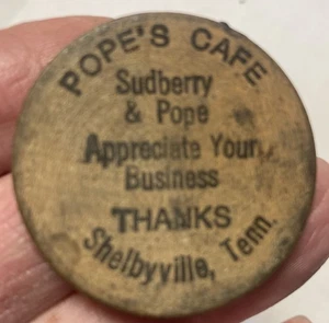OLD Vintage ANTIQUE Wooden BUFFALO Nickel POPE'S CAFE SHELBYVILLE,TN 1950's-'60s - Picture 1 of 2