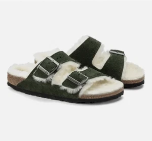 $160 Birkenstock 45 Arizona Shearling Sandal Suede Lambswool Mountain View Green - Picture 1 of 17