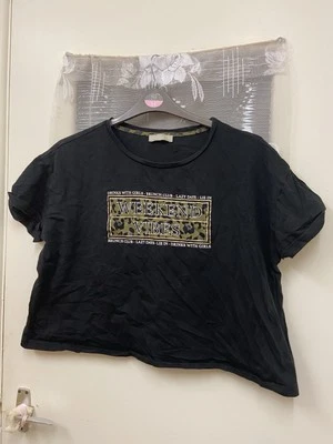 Woman’s New Look Black Cropped T Shirt Writing On Front U.K. L Short Sleeves - Image 1 of 4