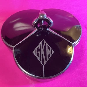 Duncan Miller Art Deco Black Glass Divided Candy Dish with Lid & Silver Overlay - Picture 1 of 9