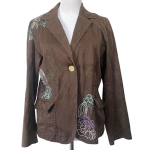 J.Jill Jacket Blazer Brown Jacquard Embroidered Floral One-Button Cotton Size M - Picture 1 of 9