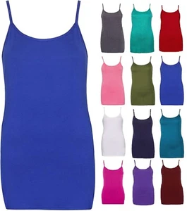 Women's Long Cami Strappy Stretch Plain Vest Top Ladies T-Shirt Top Sizes 8-26 - Picture 1 of 19