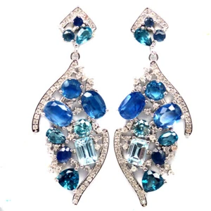 925 Plata Ley Azul Cianita, Topacio, Circonita & Sapphire Pendientes - Imagen 1 de 4