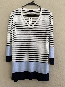 Talbots Medium Blue Striped Linen Light Knit Top Sweater V Neck 3/4 Sleeve - Picture 1 of 8